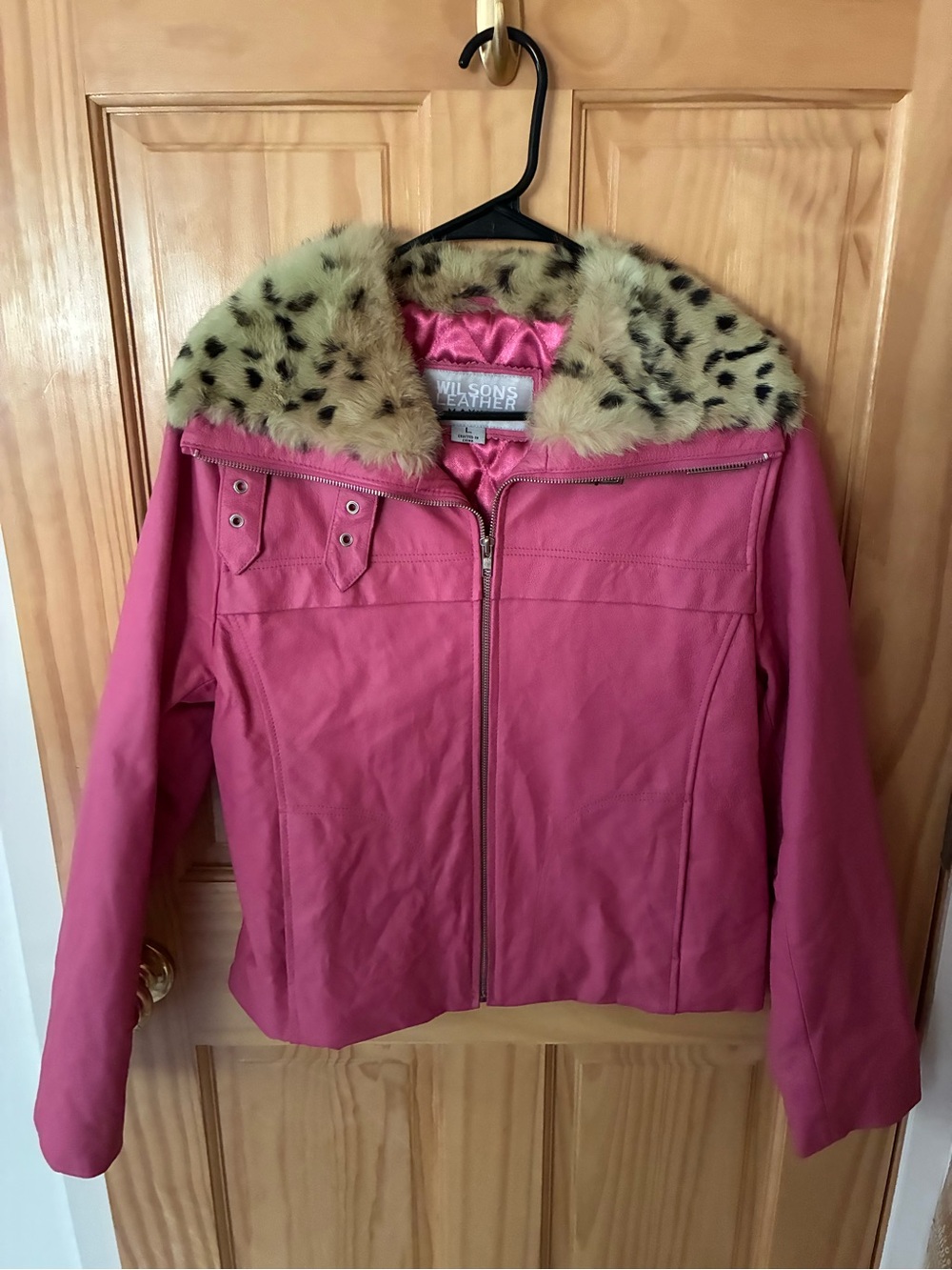 Wilsons Leather Hot Pink Jacket with Leopard-Print Faux Fur Collar size large